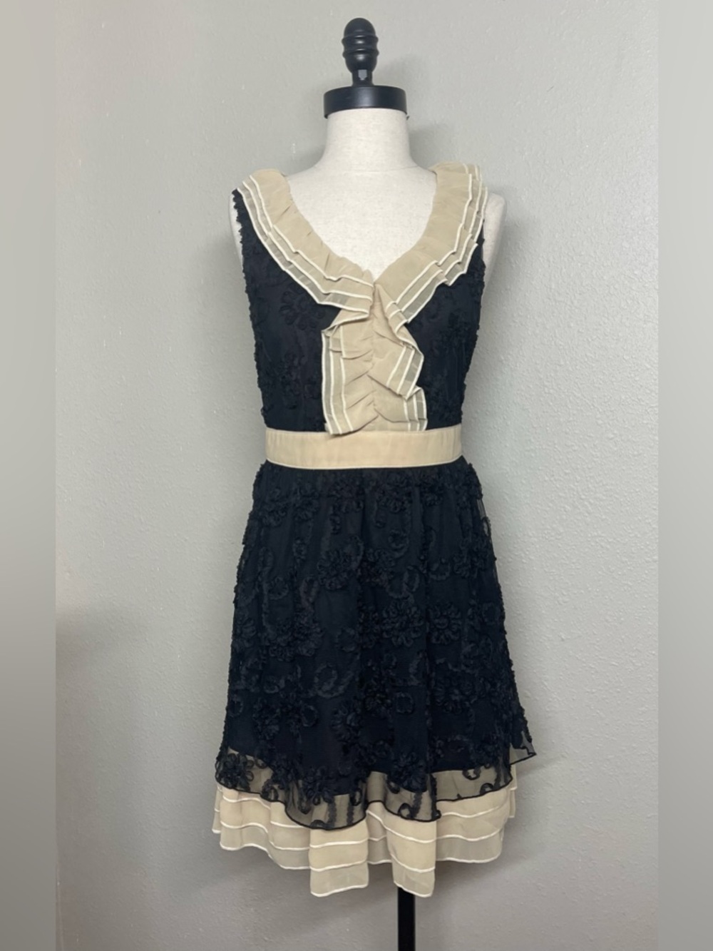T Bleu Black Lace Dress with Cream Ruffle Trim S